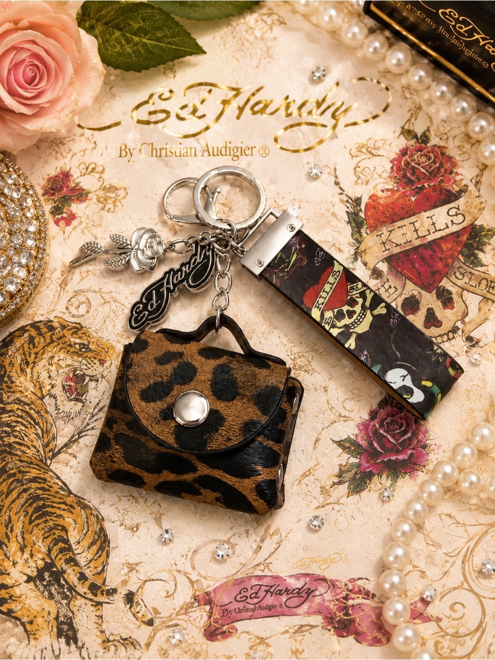 Ed Hardy Style Mini Purse Keychain Charm Set | Leopard Mini Bag, Wristlet